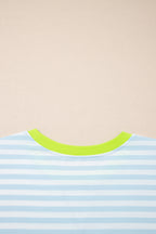 Pink Stripe Contrast Neck Loose Tee and Drawstring Shorts Set