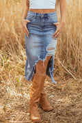 Dark Grey Irregular Distressed Bottom Denim Midi Skirt
