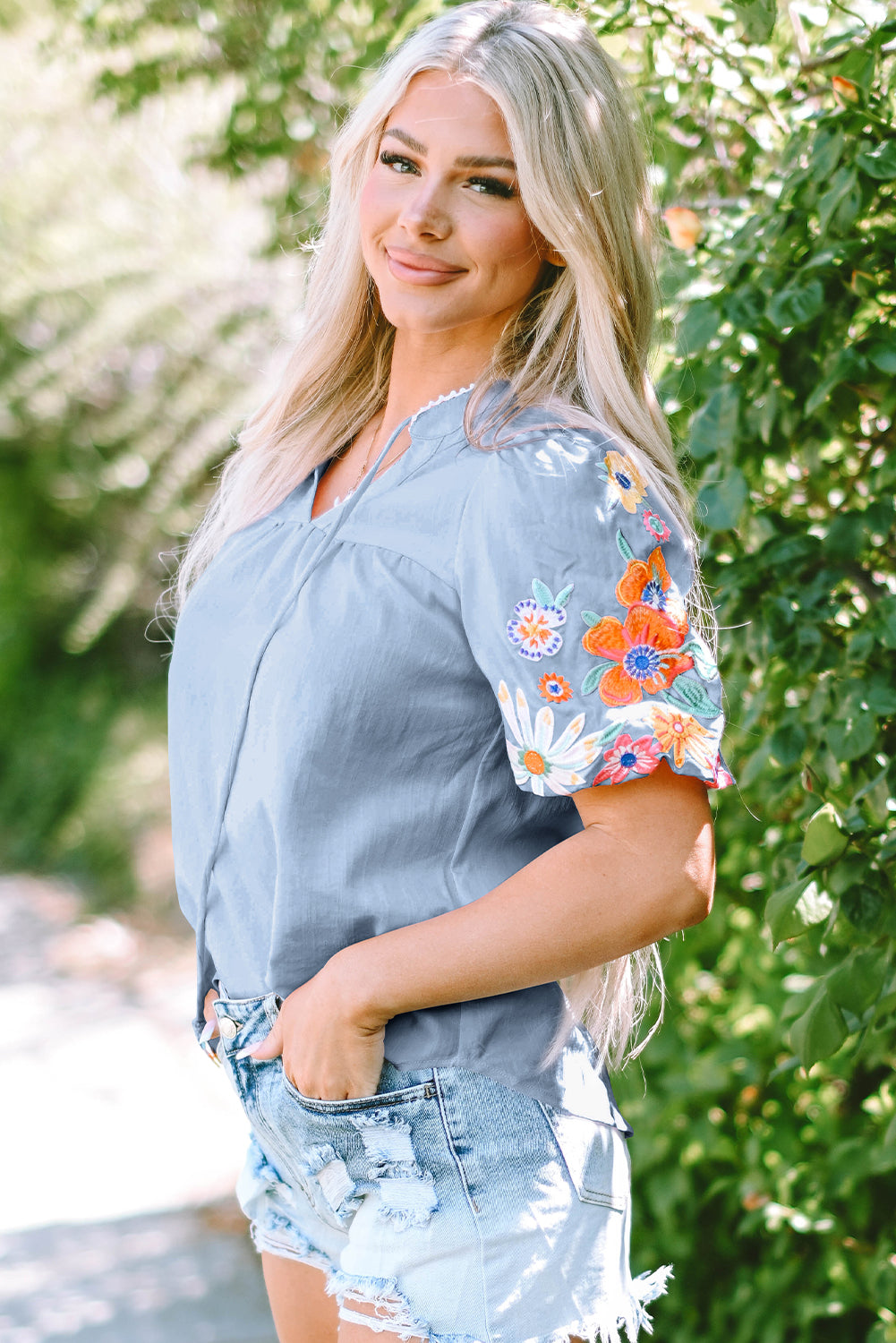Clearly Aqua Floral Embroidered Puff Sleeve Split Neck Blouse