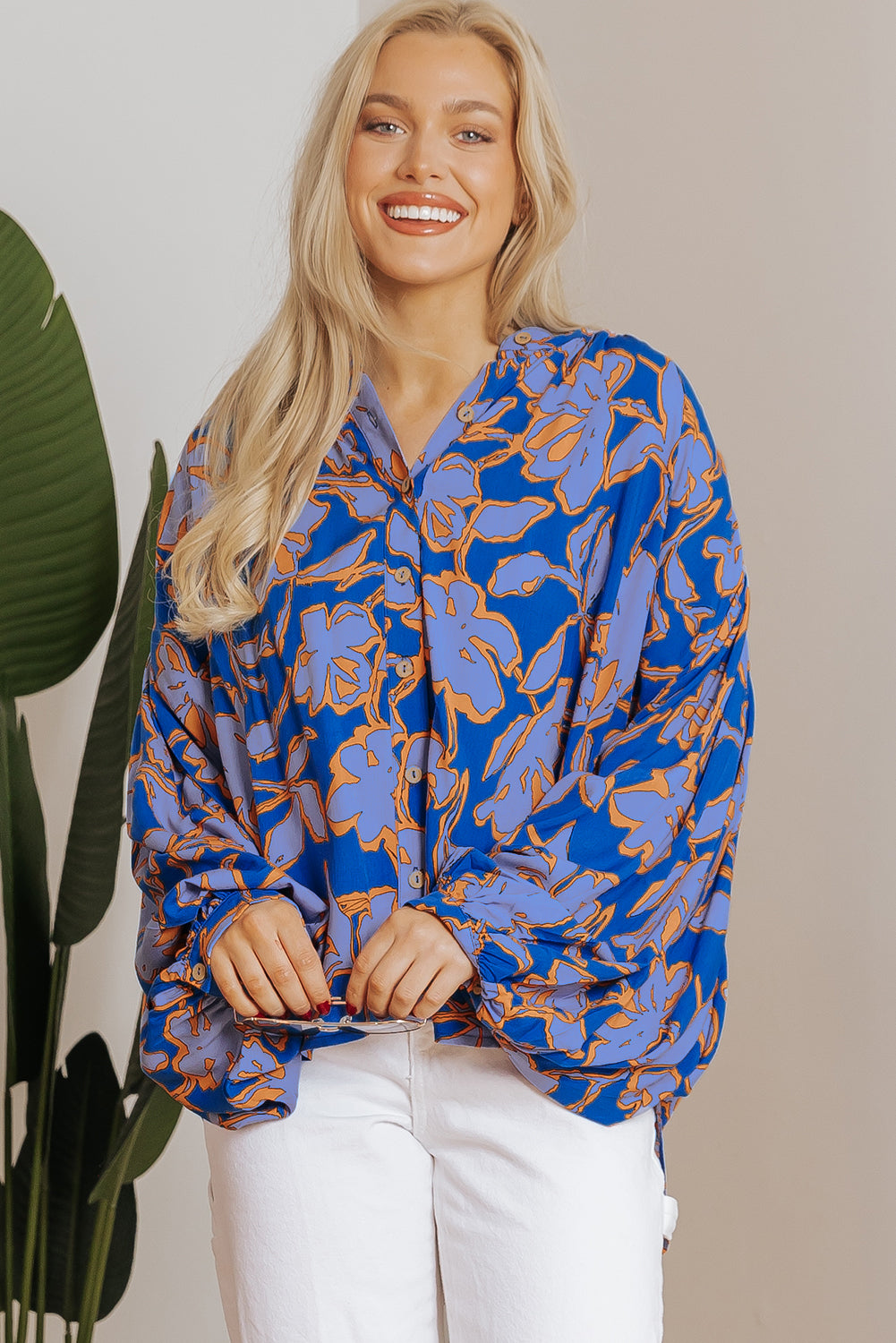 Gray Morn Floral Print Batwing Sleeve Buttoned Loose Fit Shirt