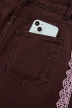Coffee Lace Trim Casual Full-Length Regular Fit Jeans