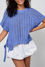 Black Plus Size Open Knit Bow Tie Short Sleeve Sweater