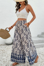 Blue Boho Pattern Print High Waist Wide Leg Loose Pants