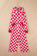 Red Checkered Print Half Zip Hoodie Loose Pant Set
