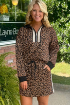 Khaki Leopard Print Quarter Zip Long Sleeve Top Mini Skirt Set