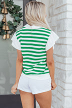 Green Stripe Collar V Neck Ruffled Short Sleeve Blouse