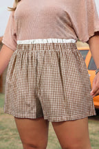 Black Contrast Trim Plaid Print Plus Size Shorts