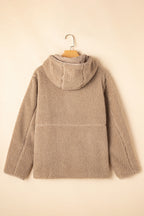 Beige Fleece Zip Up Drawstring Hooded Pocketed Jacket