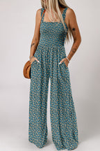 Black Floral Print Smocked High Waist Square Neck Jumpsuit
