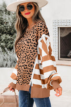 Khaki Stripe Color Block Patchwork Leopard Casual Sweatshirt with Slits