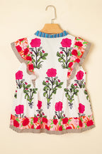 Pink Floral Print Tie Neck Striped Detail Flutter Sleeve Blouse
