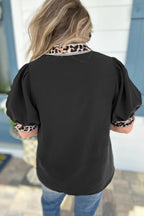 Black V Neck Short Puff Sleeve Contrast Striped Leopard Trim Button Down Shirt