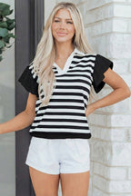 Green Stripe Collar V Neck Ruffled Short Sleeve Blouse