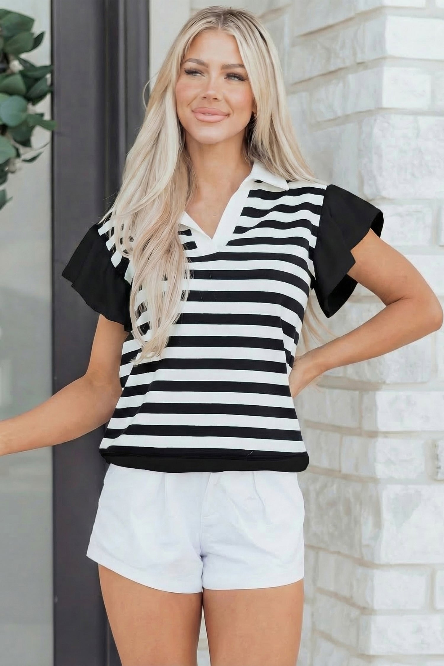 Green Stripe Collar V Neck Ruffled Short Sleeve Blouse