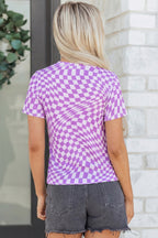 Khaki Checkered Print Crew Neck Mesh T Shirt