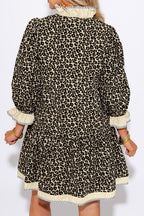 Black Leopard Print Striped Color Block Trim V Neck Bracelet Sleeve Mini Dress