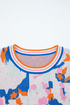 Apricot Abstract Pattern Knit Contrast Striped Trim Short Sleeve Sweater