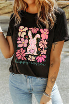 Black Happy Easter Bunny Flower Printed Casual Tee
