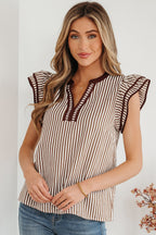 Khaki Stripe Double Ruffled Short Sleeve V Neck Blouse