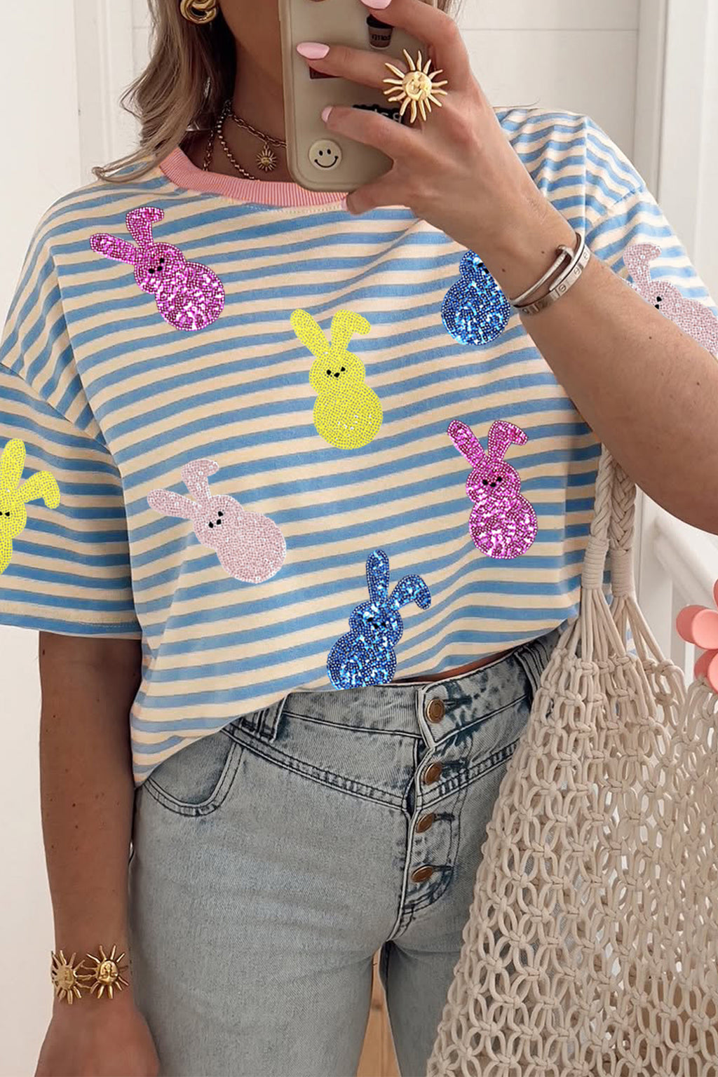 Sky Blue Stripe Sequin Easter Bunny Patched Drop Shoulder Tee