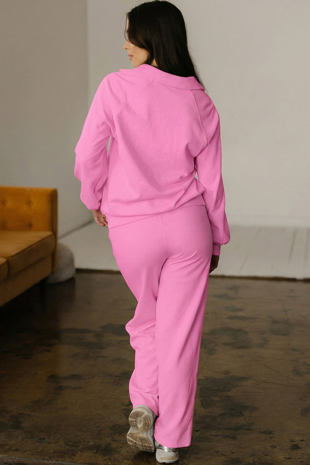Light Grey Polo Collar V Neck Pullover and Drawstring Sweatpants Set
