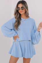 Jet Stream Corded Lantern Sleeve Top High Waist Ruffled Mini Skort Set