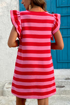 Black Stripe Flutter Sleeve Round Neck Shift Dress