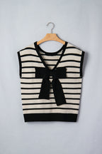 Black Stripe Bow Applique Short Sleeve Sweater