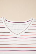 White Stripe V Neck Casual Plus Size Tee
