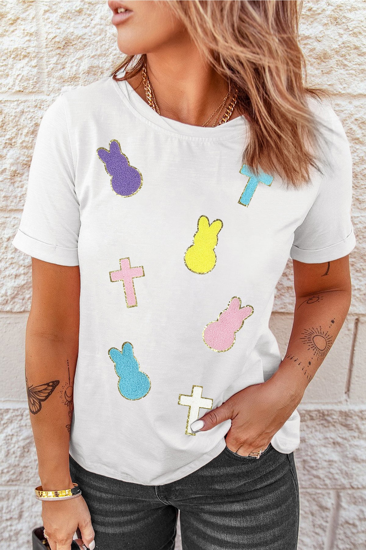 White Chenille Bunny Cross Patch Easter T Shirt
