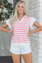 Green Stripe Collar V Neck Ruffled Short Sleeve Blouse