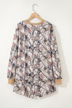 Khaki Woodland Camo Print Long Sleeve Top Casual Short Set