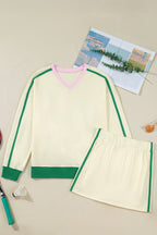 Beige Ribbed Colorblock Trim V Neck Sporty Pullover Mini Skort 2pcs Athleisure Set