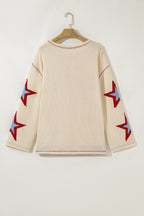 Beige USA Star Contrast Patchwork Exposed Seam Long Sleeve Top