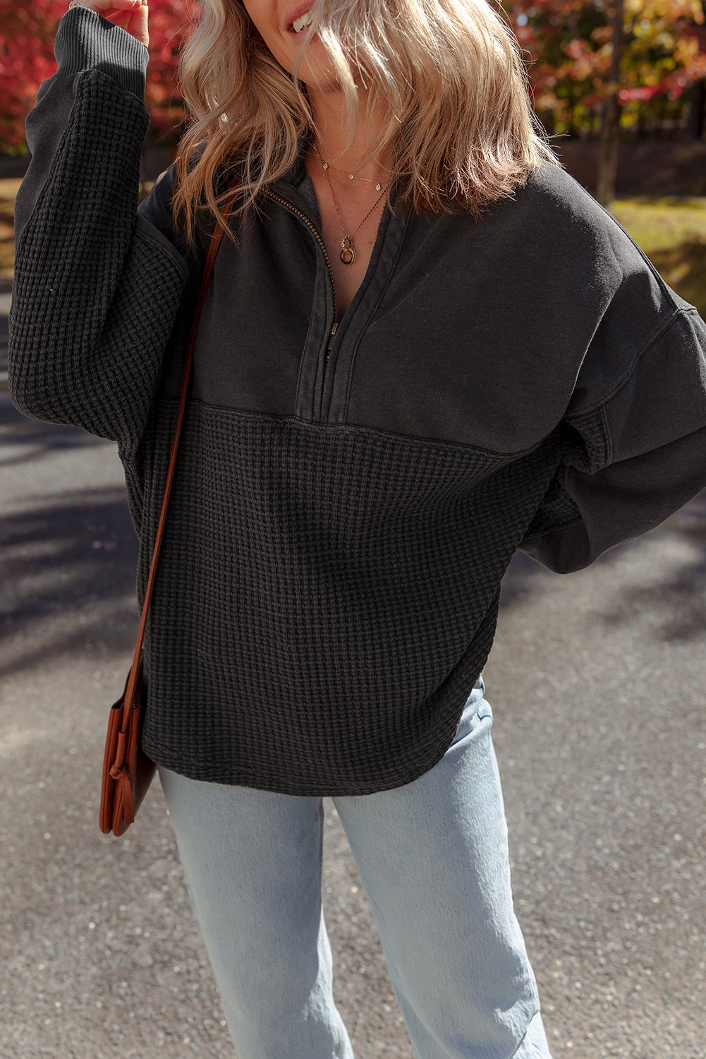 Carbon Grey Waffle Knit Patchwork Half Zipped Casual Sweatshirt