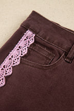 Coffee Lace Trim Casual Full-Length Regular Fit Jeans