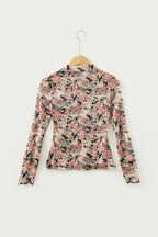 White Retro Floral Print Mock Neck Mesh Long Sleeve Top