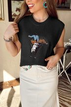 Parchment Western Cowboy Embroidery Round Neck Sleeveless Sweater