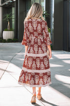 Brown Floral Print Belted Striped Trim Tiered Maxi Dress
