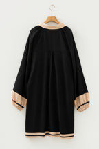 Black Plus Size Color Block Striped Trim V Neck Long Sleeve Shift Mini Dress