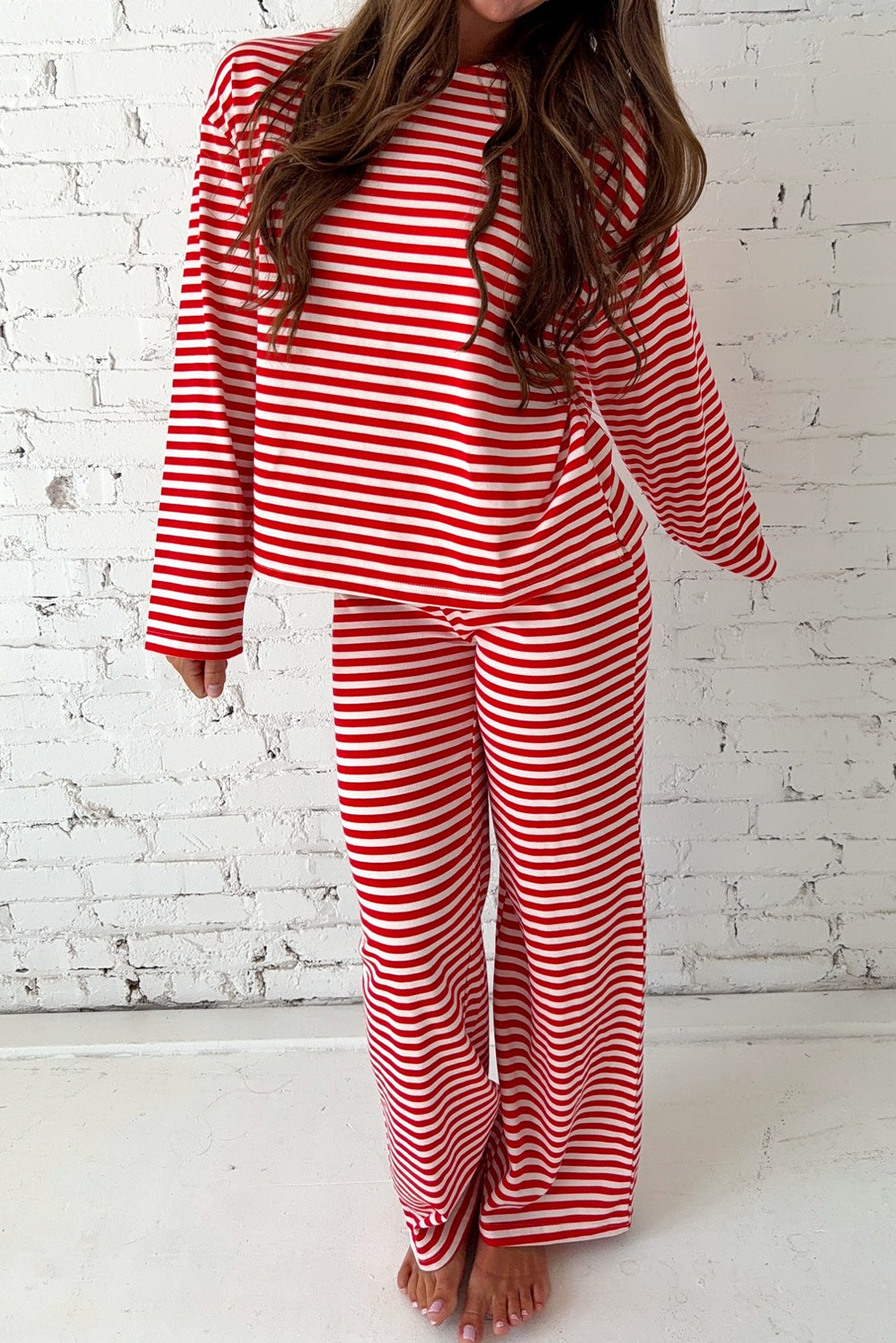 Red Stripe Drop Shoulder Long Sleeve Top Lounge Pants 2pcs Set