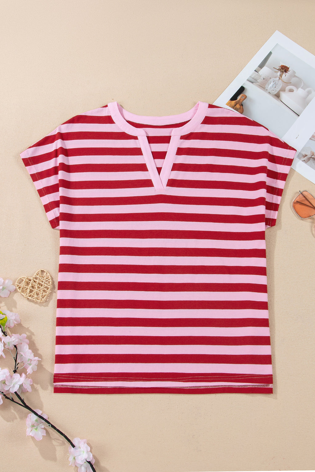 Pink Stripe Split V Neck Casual T Shirt