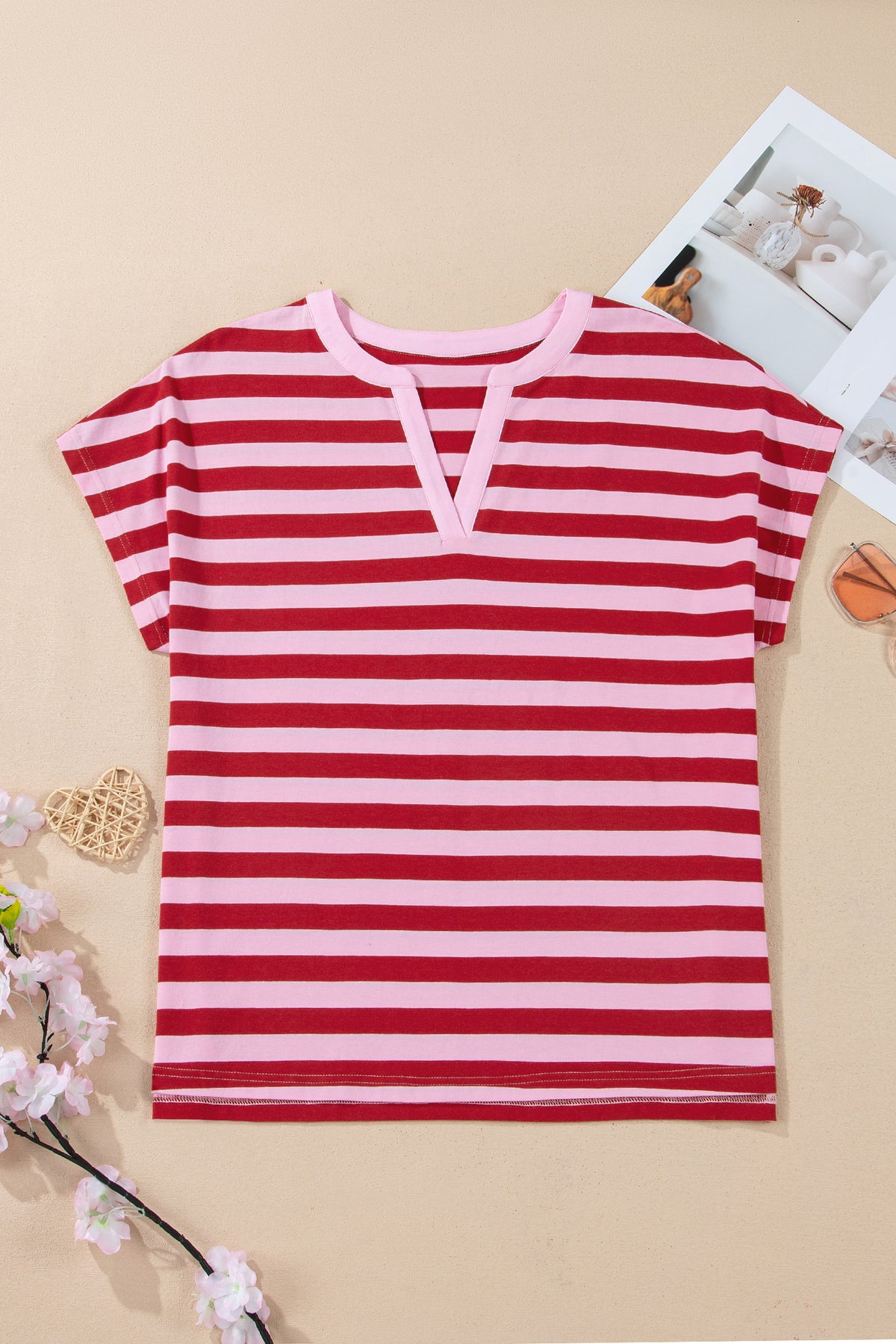 Pink Stripe Split V Neck Casual T Shirt