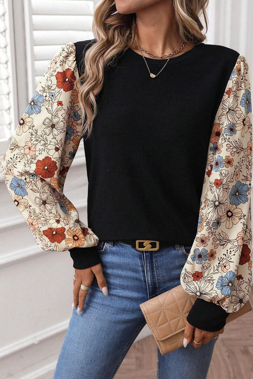 Khaki Leopard Puff Sleeve Patchwork Top