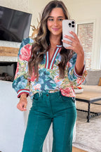 Sky Blue Contrast Trim V Neck Cuffed Bracelet Sleeve Floral Blouse