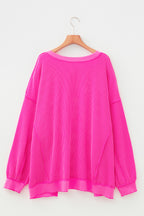 Rose Red Drop Shoulder Uneven Hem Plus Size Twisted Rib Top