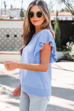 Sachet Pink Solid Color Ribbed Trim Round Neck Ruffle Short Sleeve Sweater