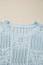 Beau Blue Pointelle Knit Patterned Scalloped Trim Short Sleeve Sweater