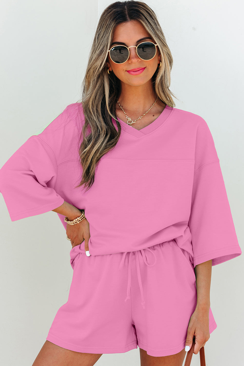 Meadow Mist Green Solid Loose V Neck Half Sleeve Tee and Shorts