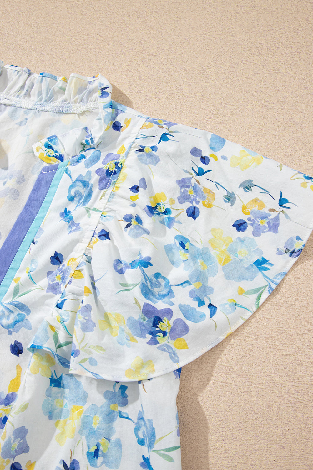 Sky Blue Floral Print Frilled Notched V Neck Blouse